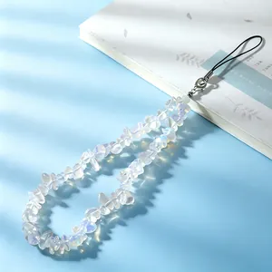 Natural crystal stone phone strap with silver lobster clasp and black wrist cord