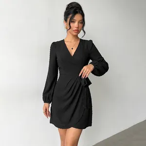 Women Elegant Black Swiss Dot Long Sleeve V Neck Wrap Mini Dress Sexy Tie Waist Ruffle Lantern Sleeve Party Dress