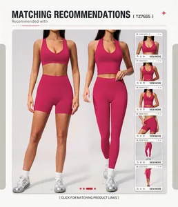 Magenta seamless high-waist yoga set with matching sports bra and leggings detail view