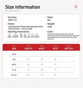 Größentabelle und Materialdetails für diesen nahtlosen Halter-Sport-Yoga-BH.