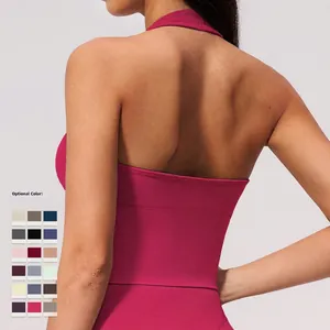 Rückansicht eines atmungsaktiven Halter-Yoga-BHs mit nahtlosem, rückenfreiem Design.