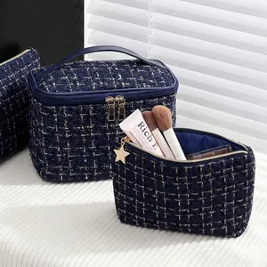 Elegant Tweed Makeup Bag Navy Blue With Gold Star Zipper Pull Portable Travel Cosmetic Storage Organizer For Women