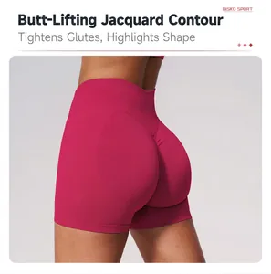 Detailed macro view of pink high-waisted seamless yoga shorts with butt-lifting texture