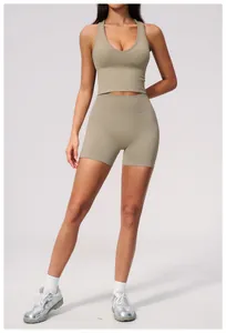 Sage green seamless high-waist yoga shorts and sports bra athletic set for women