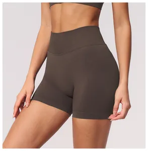 Close-up of seamless high-waisted yoga shorts showing a snug fit and lifting effect
