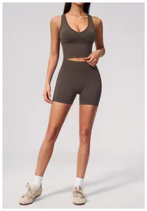 Professional seamless high-waist yoga shorts and V-neck sports bra set in chocolate brown