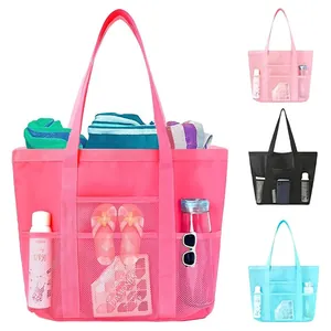 Waterproof Polyester Mesh Beach Tote Bag Large Capacity Folding Travel Storage Handbag Multiple Pockets