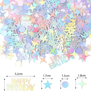 Iridescent holographic birthday confetti set with star and circle shapes, 100pcs