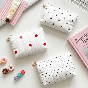 Quilted Mini Makeup Bag For Women Heart Polka Dot Print Polyester Small Zipper Pouch For Keys Lipstick Cards Cute Style