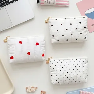 Korean ins style quilted coin purse with cute heart and polka dot patterns for travel
