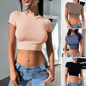 Y2K style slim fit solid color cropped short sleeve t-shirt for women in four colors
