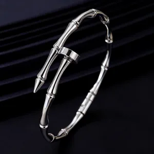 Elegant silver stainless steel nail bangle with unique bamboo node textures for women