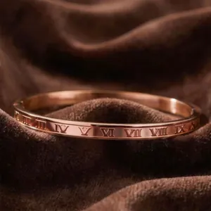 Elegant rose gold titanium steel bangle with classic Roman numeral engraving for women