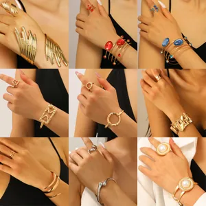 Conjunto de pulsera y anillo geométrico exagerado dorado para mujer moda joyera