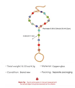 Detailed view of bohemian colorful glass stone finger bracelet with copper chain and sizes