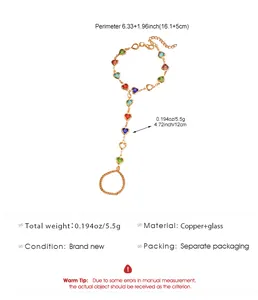 Detailed specifications of heart finger bracelet showing perimeter and copper glass material