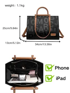 Large black tote bag with dimensions and internal capacity view showing storage space