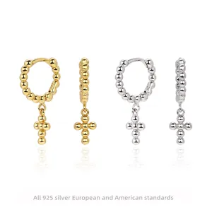 925 Sterling Silver Beaded Cross Pendant Hoop Earrings For Women Luxury Rhinestone Geometric Ball Huggie Earrings Jewelry