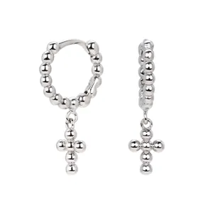 S925 sterling silver beaded hoop earrings with dangling cross charm, minimalist style.