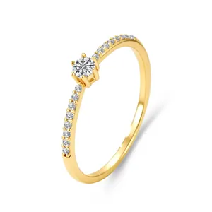 Gold-plated S925 silver ring featuring classic six-prong zircon and pave band detail