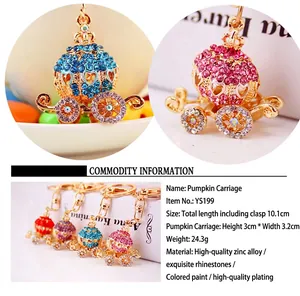 Detail view of rhinestone pumpkin carriage keychain with size and material specs