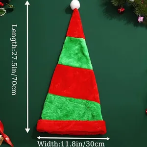 Detailed view of long red and green striped plush Christmas hat with size dimensions