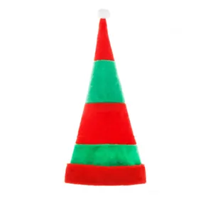 Long red and green striped plush Christmas hat with pointed top and white pom-pom