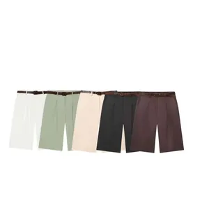 Elegant women's casual solid high-waisted shorts with matching belt in five versatile colors