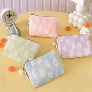 Mini Lace Coin Purse With Artificial Pearl Charm Floral Portable Makeup Storage Bag Zipper Pouch Sweet Style For Women