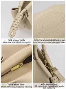 Détails d'un sac à main en cuir beige avec une poignée tressée et des boucles mates