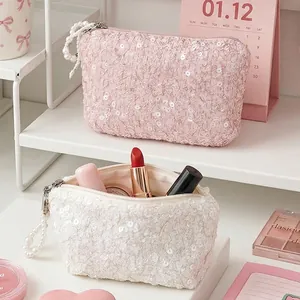 Mini portable sequin coin purse with elegant pearl strap for lipsticks and coins