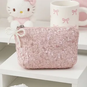 Pink sequin coin purse with pearl bow zipper charm, mini portable storage bag for lipstick