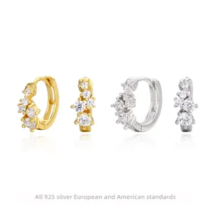 Geometric Hoop Earrings 925 Sterling Silver Cubic Zirconia Inlaid Minimalist Fashion Huggie Style For Women
