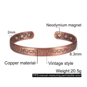 Vintage copper magnetic bracelet with engraved scroll pattern and neodymium magnets