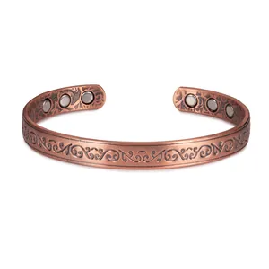 Adjustable pure copper magnetic bracelet with vintage vine patterns and 8mm width