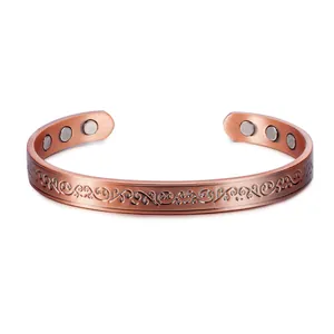 Bracciale magnetico regolabile in rame puro con motivo a vite inciso, largo 8 mm