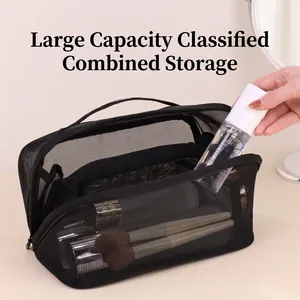 Black Mesh Toiletry Bag Large Capacity Makeup Storage Pouch Travel Portable Breathable Partitioned Organizer