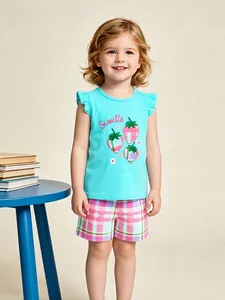 Ensemble de Vêtements d'Été en Coton pour Filles T-Shirt Turquoise à Manches Courtes Avec Broderie Fraise et Short à Carreaux