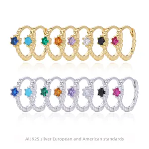 925 Sterling Silver Hoop Earrings For Women Minimalist Colorful Zirconia Inlaid Bead Edge Ear Cuff Gold Silver Plated Jewelry