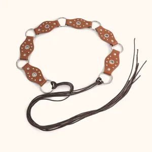 Vintage brown leather rivet belt with metal rings and long tassels for Y2K style