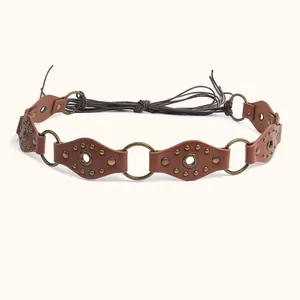 American retro rivet leather stitching belt with metal rings and adjustable cord tie