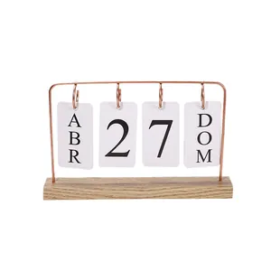 Minimalist Nordic style wooden desktop perpetual calendar with rose gold metal frame decor