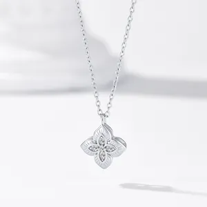 Elegant 925 sterling silver four-leaf clover pendant necklace with sparkling diamonds