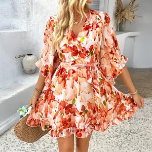 Floral print chiffon wrap dress with waist tie for summer vacation leisure wear