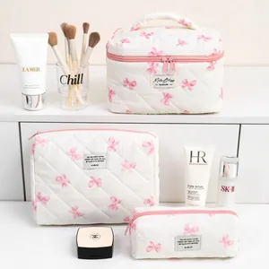 Trousse De Maquillage En Coton Matelassé Avec Motif Nœud Papillon Sac De Toilette De Voyage Portable Organisateur Cosmétique