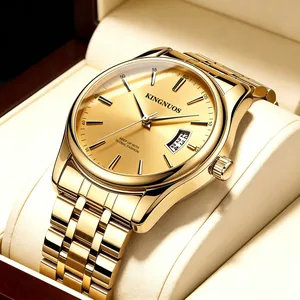 Detailed macro view of a luxury gold men's watch with date display in a premium gift box