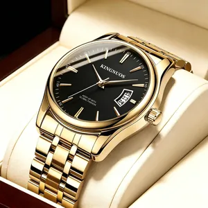 Close-up of professional gold stainless steel watch with black dial and date display