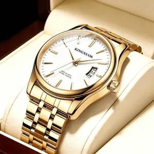 Elegant golden men's steel strap wristwatch featuring a date window in gift box