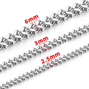 Macro view of stainless steel chain necklace in 6mm, 3mm, and 2.5mm widths