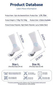 Detailed dimensions and features of cushioned mid-calf basketball socks in white.